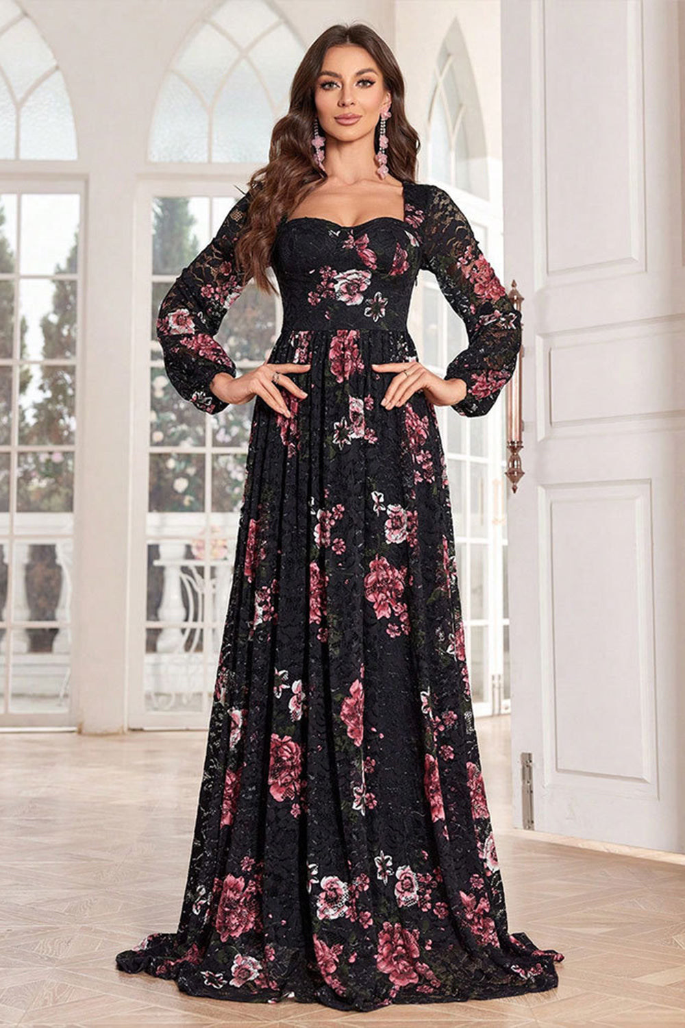 Zapaka Women A Line Prom Dress Long Sleeves Square Neck Floral