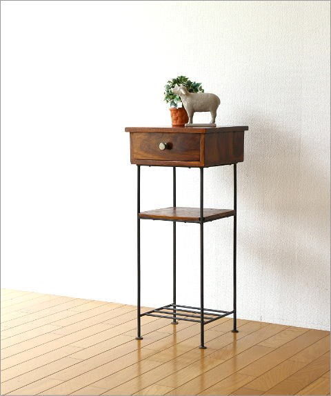 電話台 木製 アイアン スリム サイドテーブル 花台 ハイスタンド