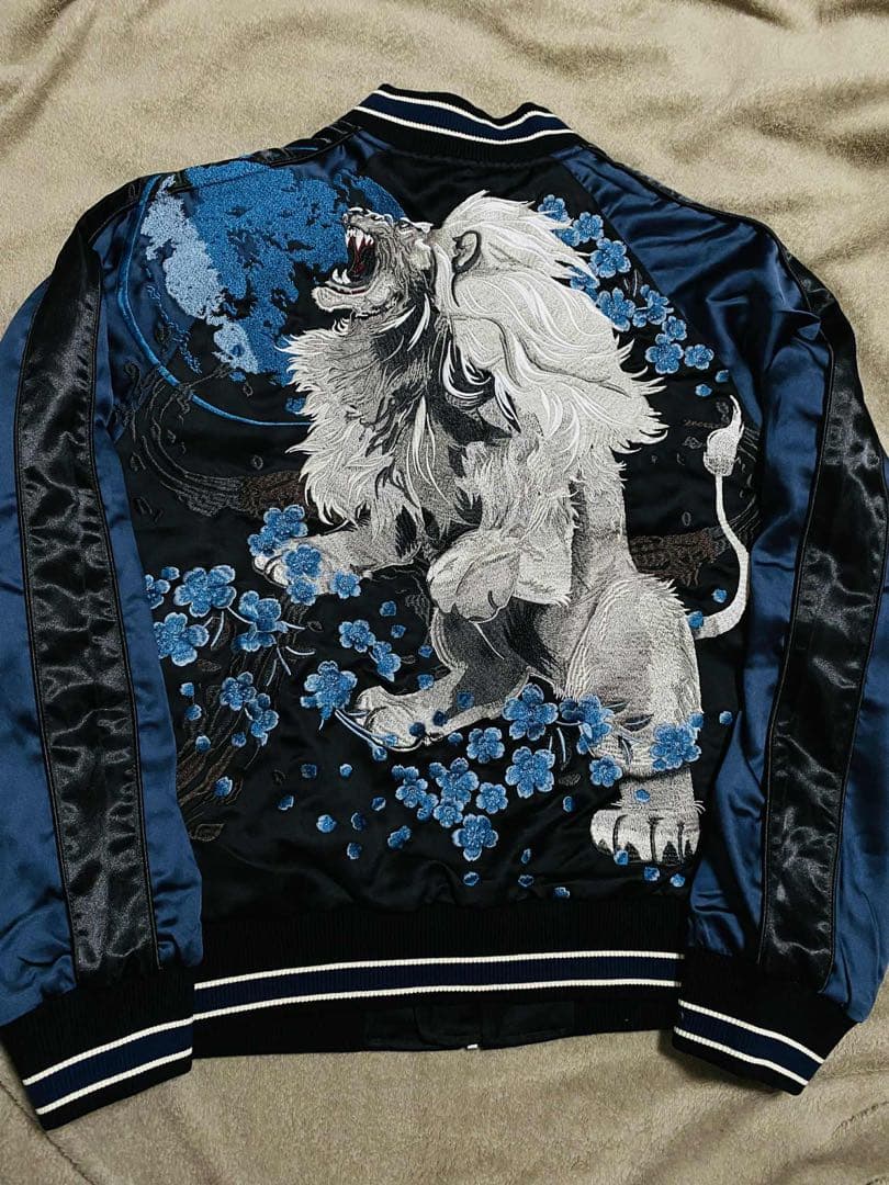 未使用 SKAJAN ライオン 日本 スカジャン unisex サテン 美品 青
