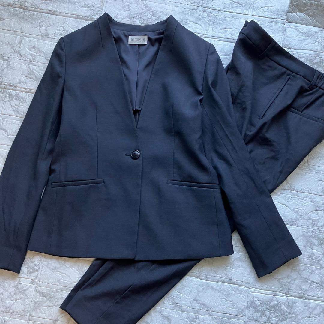 美品◎PLST スーツ セットアップ ノーカラー パンツ リネン混 ネイビー 紺 2点セットアップ♡上品ノーカラージャケット＆美脚パンツスーツ 紺