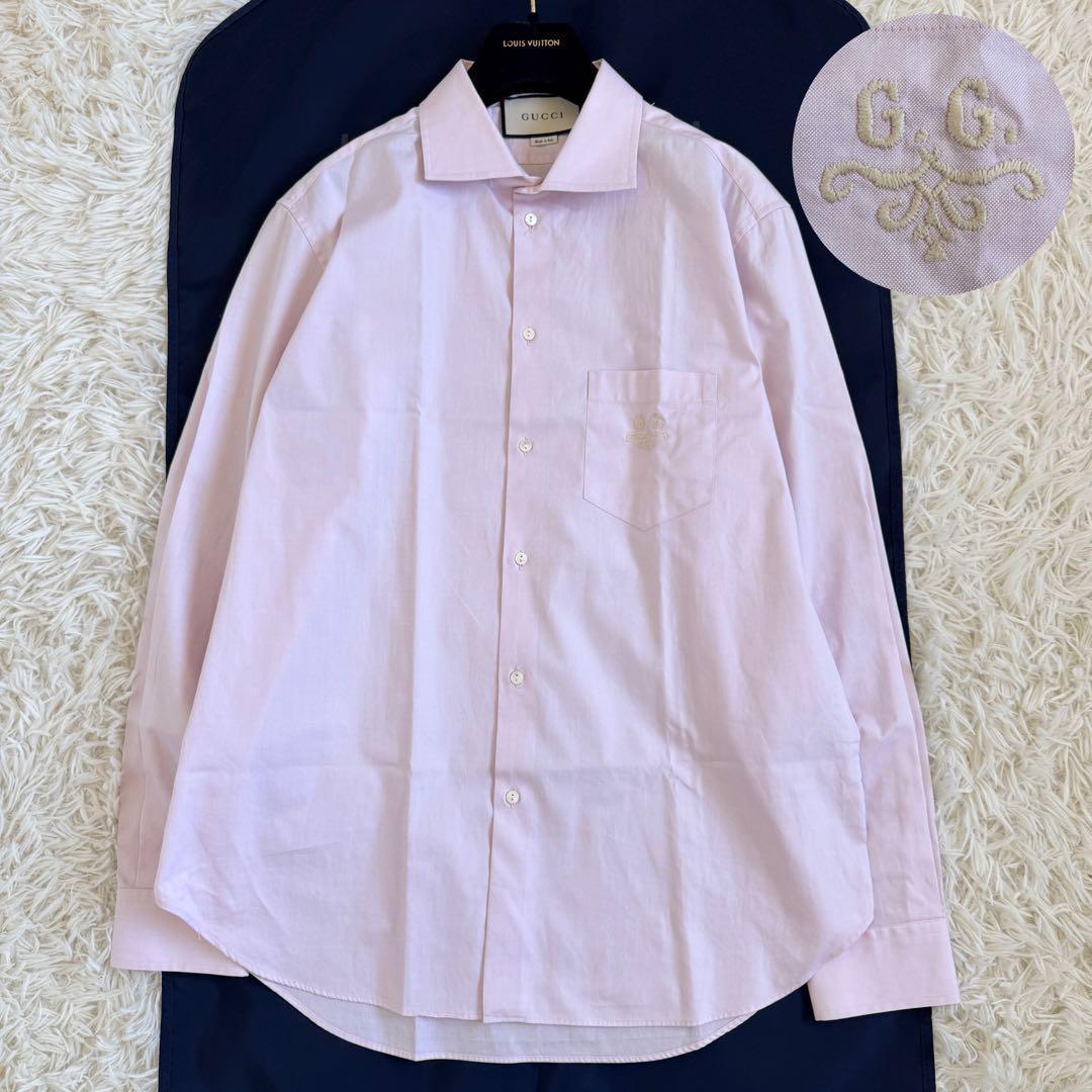 極美品　XLサイズ　グッチ　シャツ　GG刺繍　ピンク　現行 GUCCI（グッチ） 長袖 アセテート コットン シャツ 723821 ZAC30 46