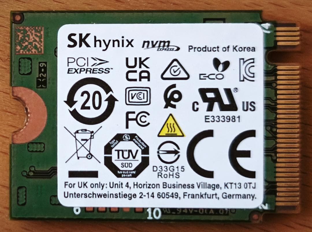 SK hynix 2230 NVMe SSD 1TB GEN3x4健康度100％