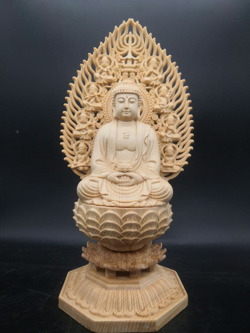 【修縁堂】仏像 阿弥陀如来坐像 八角蓮華丸台座 木彫供養仏 仏教縁起物 祈願風水 彫刻 仏像 無量光仏 阿弥陀如来·八角蓮華丸台座 木彫供養仏 福運 C