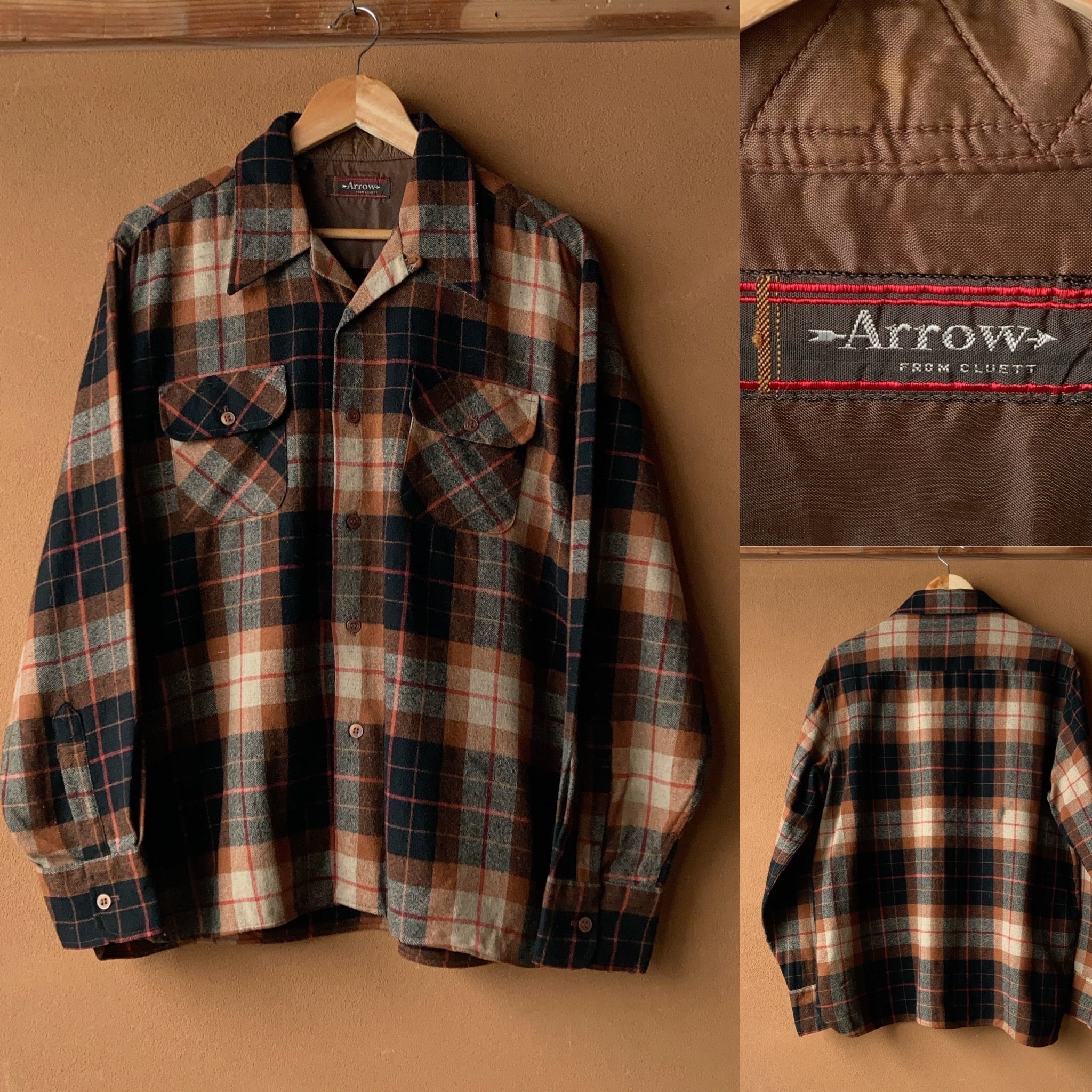 80's ARROW オープンカラー ウールチェックシャツ ボックス BROWN